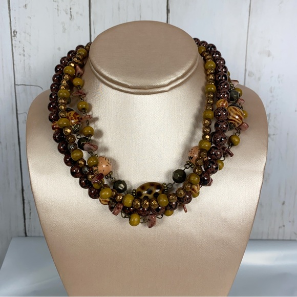 Premier Designs Necklace Layered 4 Strand Brown Green Wooden Beads Boho - Picture 2 of 5
